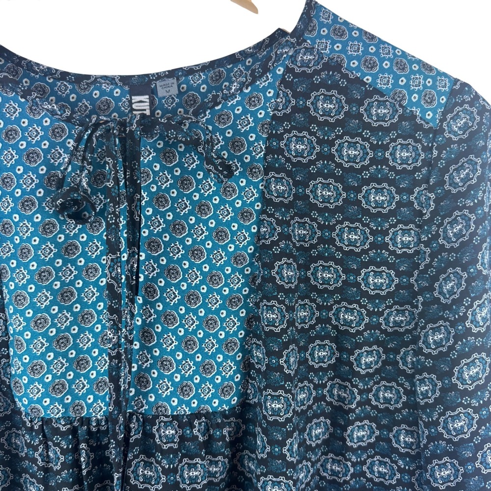 KUT from the Kloth Blouse Womens M Navy Teal Medallion Tie Neck KT79007